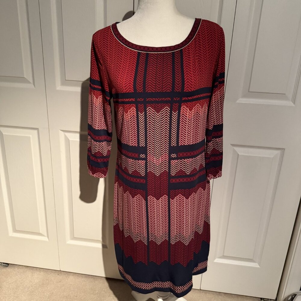 Max Studio Dress 3/4 Sleeve Geometric Print Red Navy Stretch Size Medium